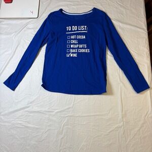 North Pole Trading Co Womens Blue Long‎ Sleeve To Do List Wine Graphic T Shirt M